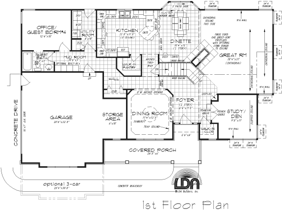 Large great room with cathedral ceiling and 3-sided fireplace. Loft overlooking 2-story dinette and foyer. Vaulted 1st floor study/den with French doors and transoms. 1st floor guest bedroom and bath. Large kitchen with breakfast bar and walk-in pantry. Master suite with cathedral ceiling, 2 walk-in closets, and glamour bath. Tray ceiling in formal dining room. Large covered front porch. 1st floor laundry. 2-car side entry garage with storage.